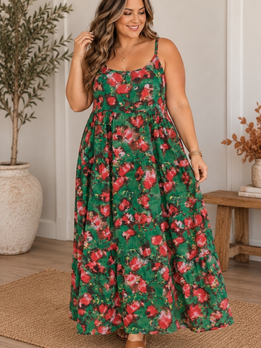 Floral Tiered Maxi Dress 2XL Green Red Boho Spaghetti Strap Runs Small